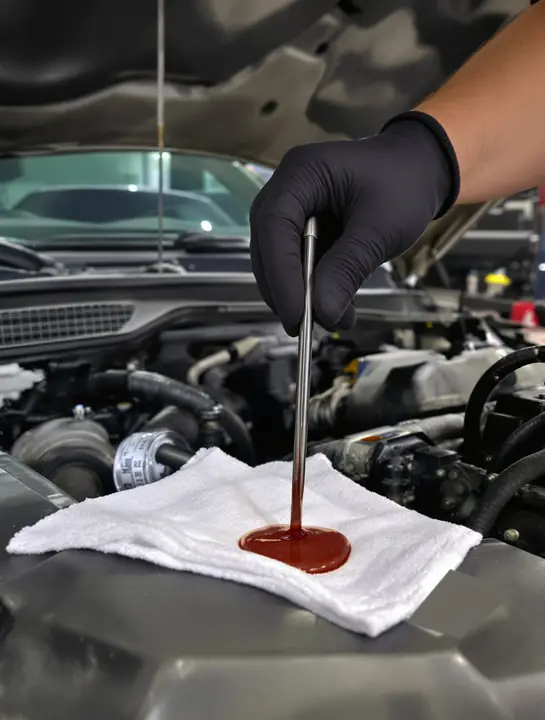 Checking transmission fluid color and smell on a shop towel