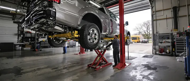 Transmission coming out from under a pickup on a lift