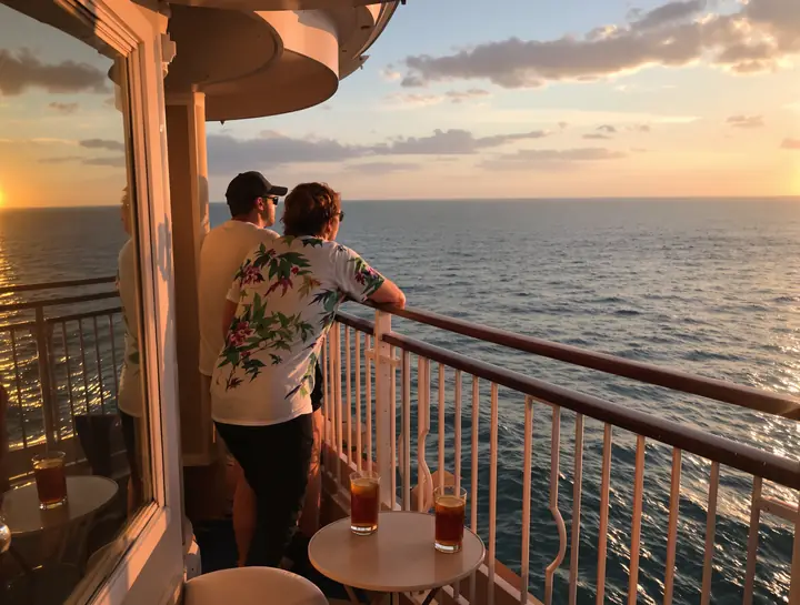 A couple on their balcony at sunset on the Gulf