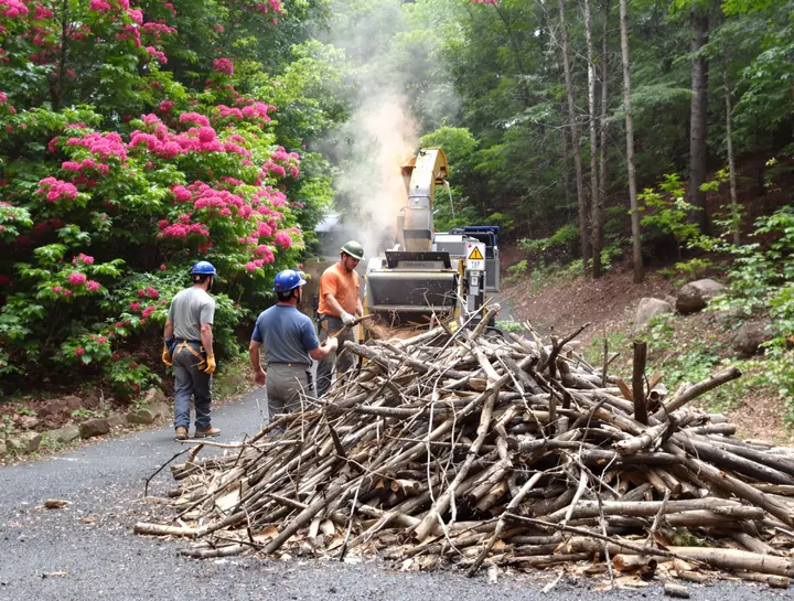 Crew feeding branches into a chipper on a mountain driveway