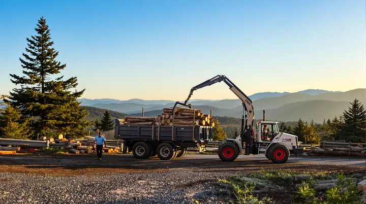 Loading log rounds into a dump truck with the mountains behind