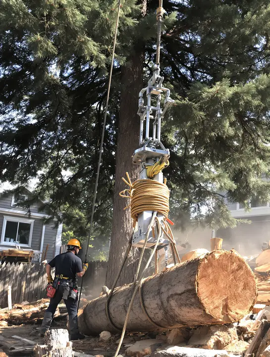 Groundworker lowering a log on a rigging line beside a house