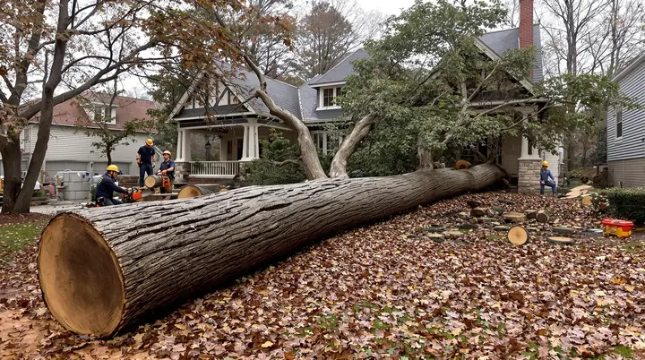 Crew cutting a fallen poplar into rounds in front of a craftsman bungalow