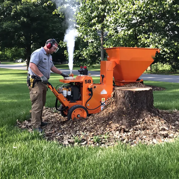 Worker grinding an oak stump into chips