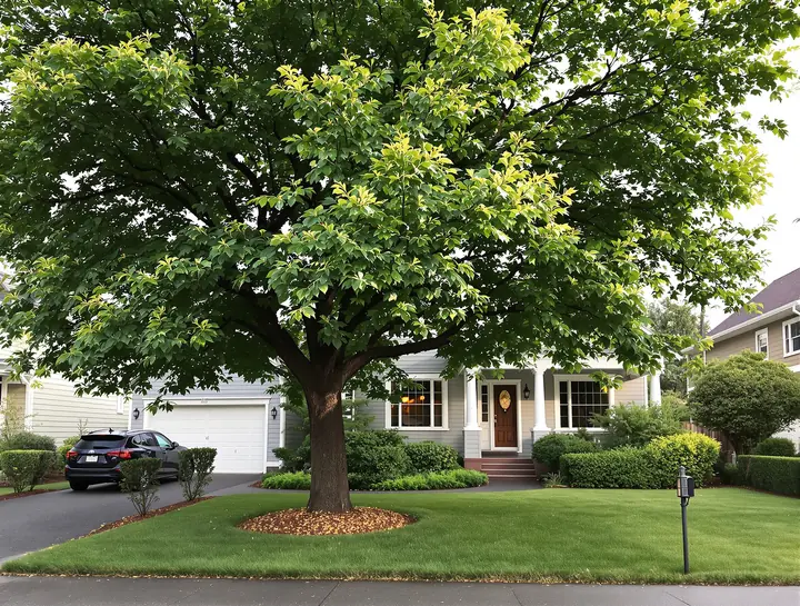 Freshly pruned maple over a craftsman house