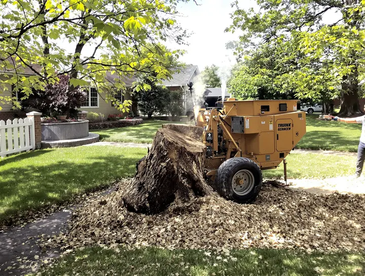 Stump grinder working in a backyard