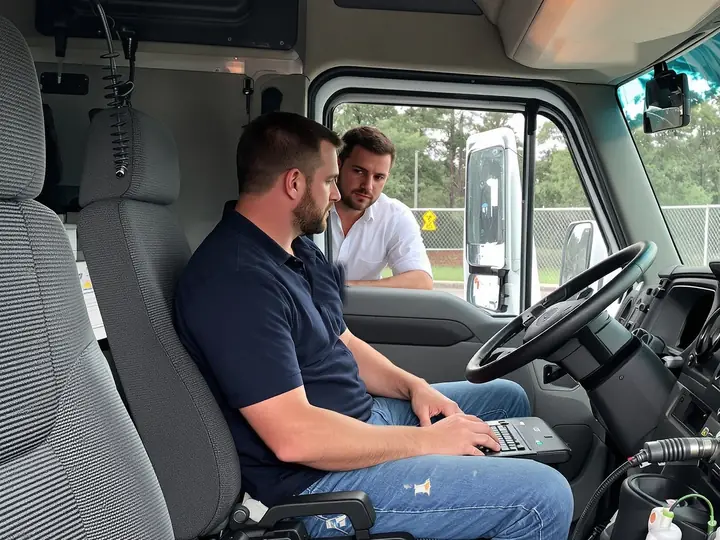 Crash data expert downloading a truck's engine computer while an attorney watches