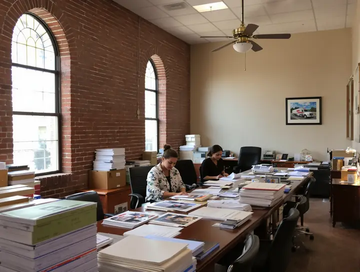Attorney and paralegal going through truck logs in a brick office downtown