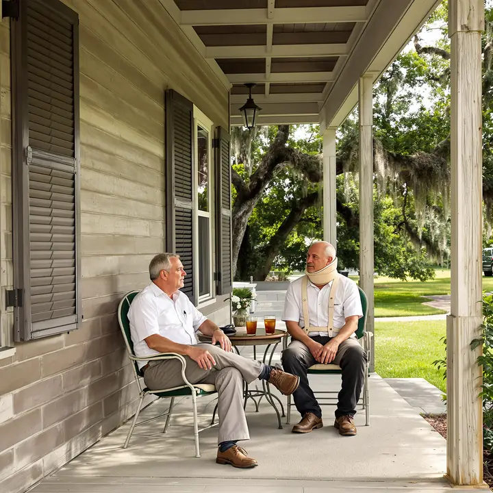 Lawyer talking with a hurt truck driver on a porch under live oaks