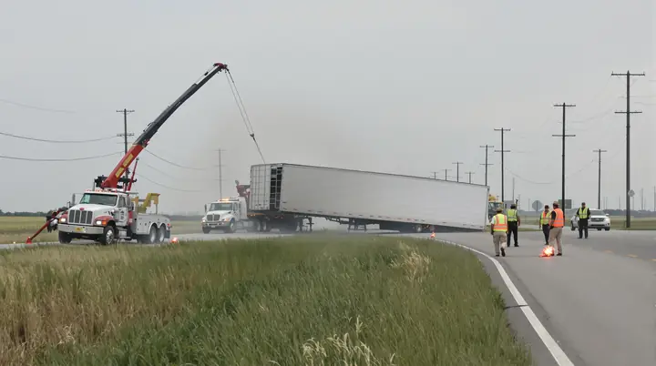 Wreckers righting a tipped trailer on a rural highway outside Beaumont