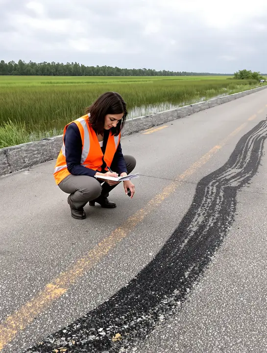 Attorney noting long tire marks on a highway shoulder beside the marsh