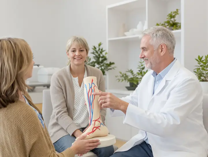 Our doctor explaining leg veins with a model