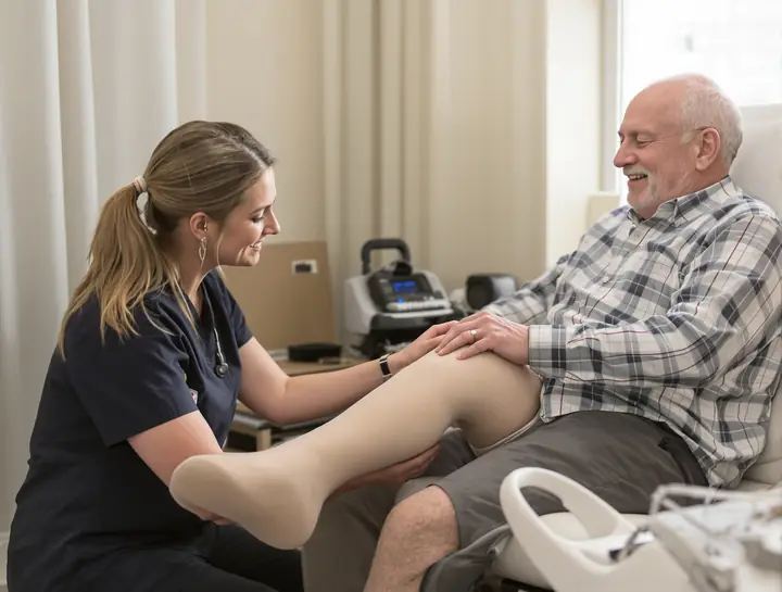 Nurse fitting a compression stocking