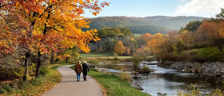 An older couple walking a river path in autumn