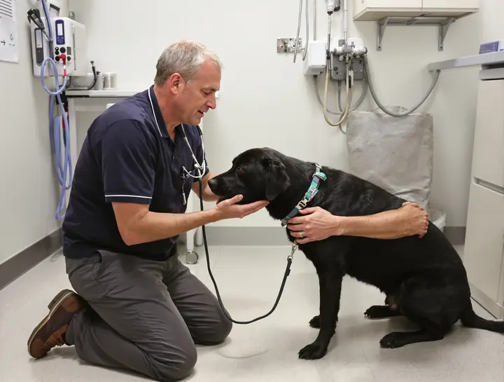 Vet listening to a black lab's chest while the owner kneels beside