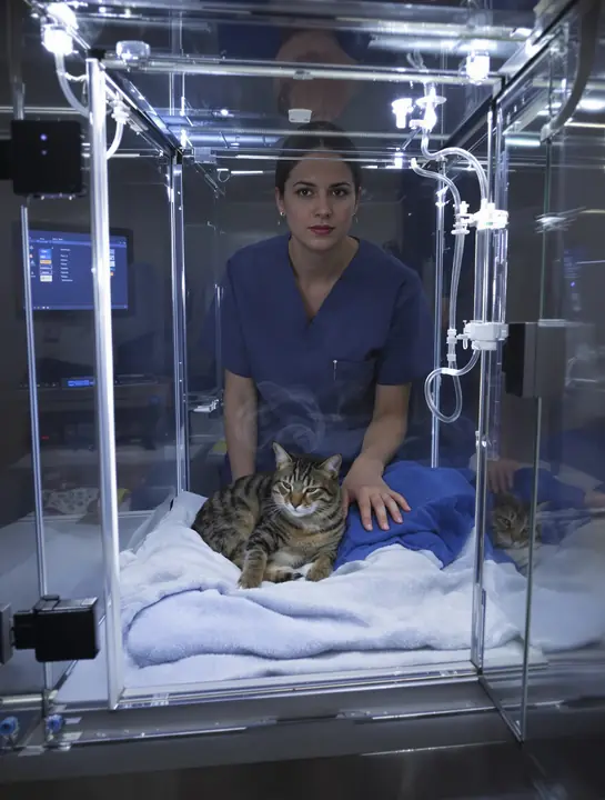 Cat resting in an oxygen kennel in the ICU