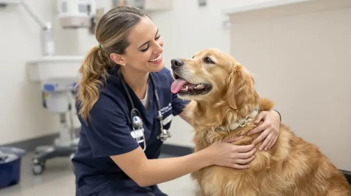 Hollow Oak vet hugging a happy golden retriever