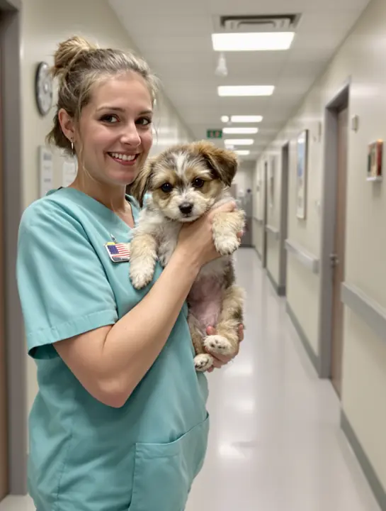 Vet tech holding a small puppy