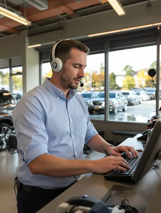Service advisor on a headset at a dealership service drive