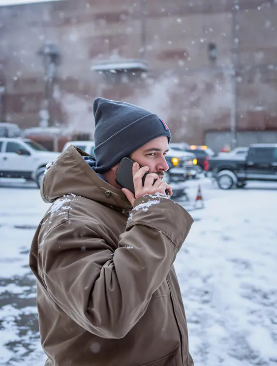 Shift supervisor taking a desk line call on his cell in a snowy lot