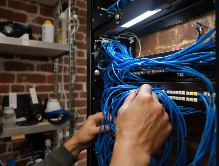 Tech punching down cable on a patch panel