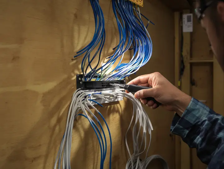 Punching down new phone and data cables in a back room on 4th Street