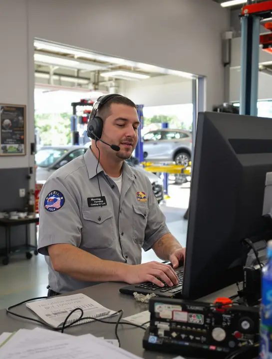 Service writer at a Pinellas Park auto shop taking calls on a headset