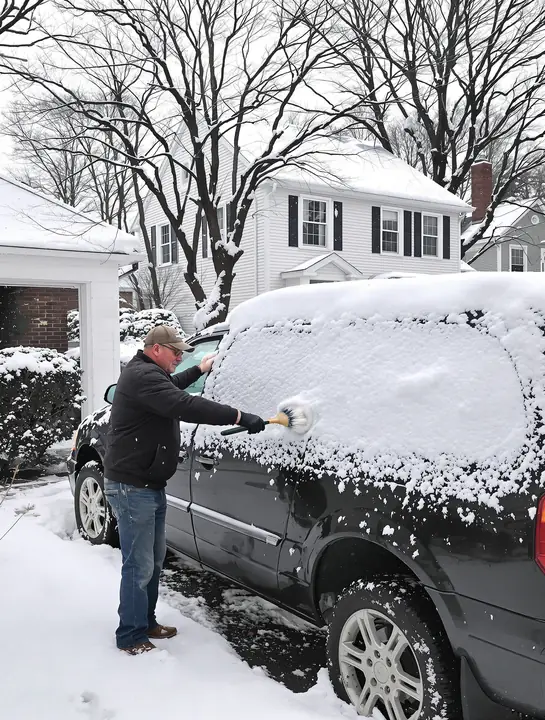 A man brushing snow off an older minivan in an Irondequoit driveway