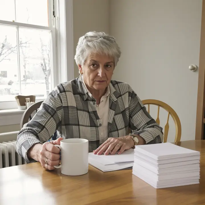 A woman setting a ringing phone face down on her kitchen table