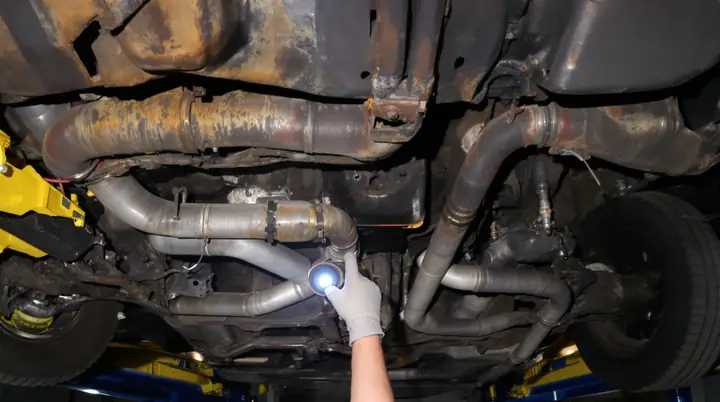 Salt rust and a leaking axle seal under an SUV on a lift