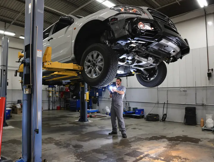 A tech checking a transmission from under a lifted SUV