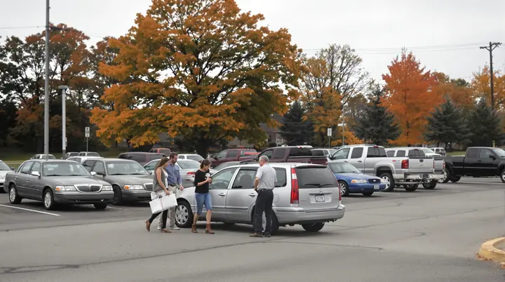 A young couple looking over a sedan on the lot