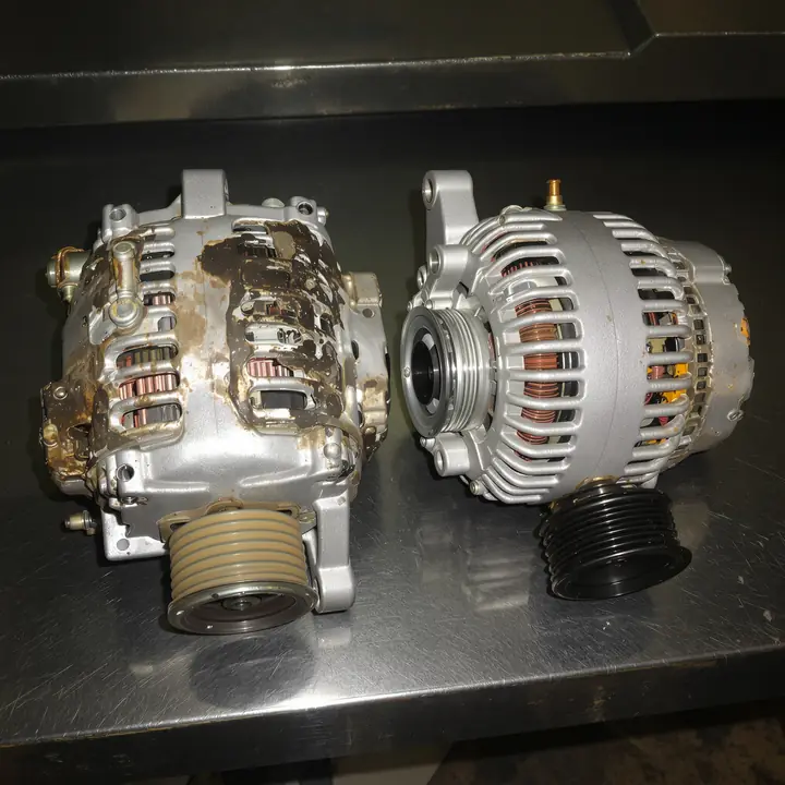 A worn alternator next to a new one on the bench