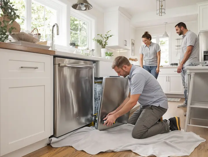 Appliance tech pulling out a dishwasher to look at the pump