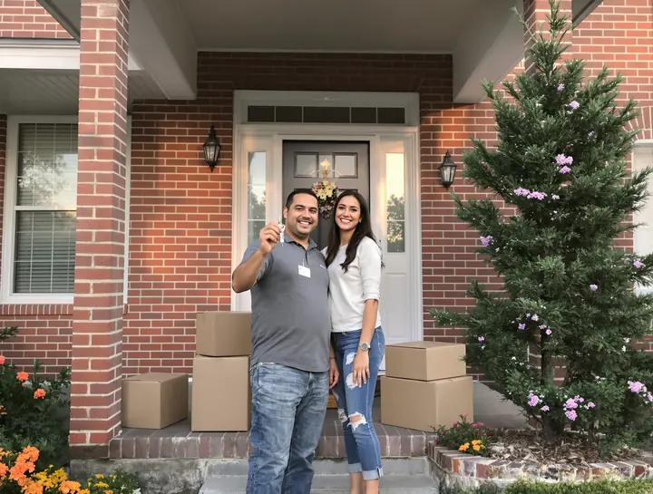 New homeowners holding up their house key on the porch of a brick house in Tyler