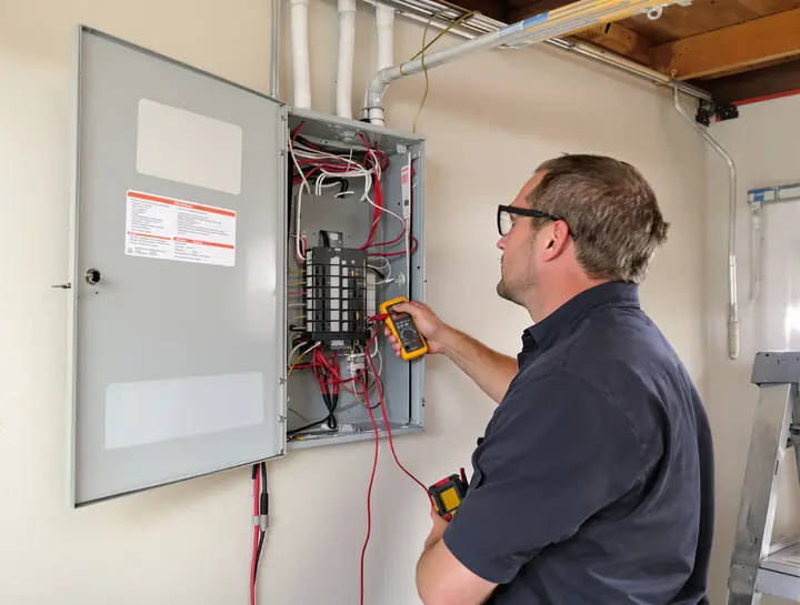 Electrician testing a breaker in a garage panel