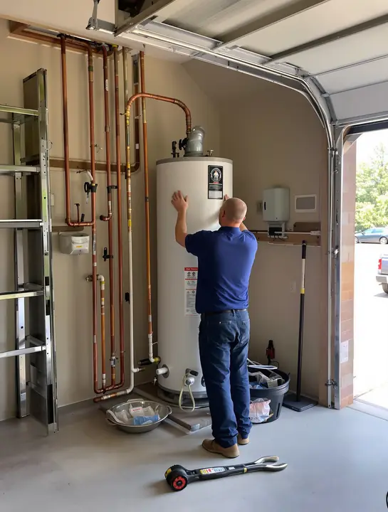 Plumber fitting a new tank water heater in a Tyler garage