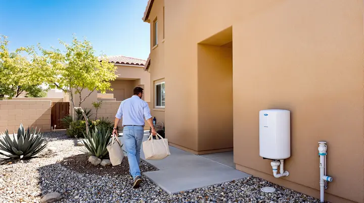 Tech walking the side yard of a Chandler home past a whole house filter