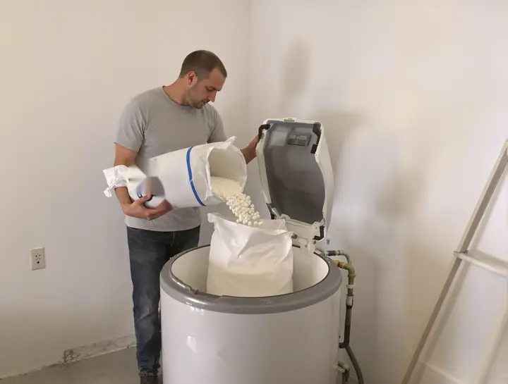 Salt pellets poured into a brine tank