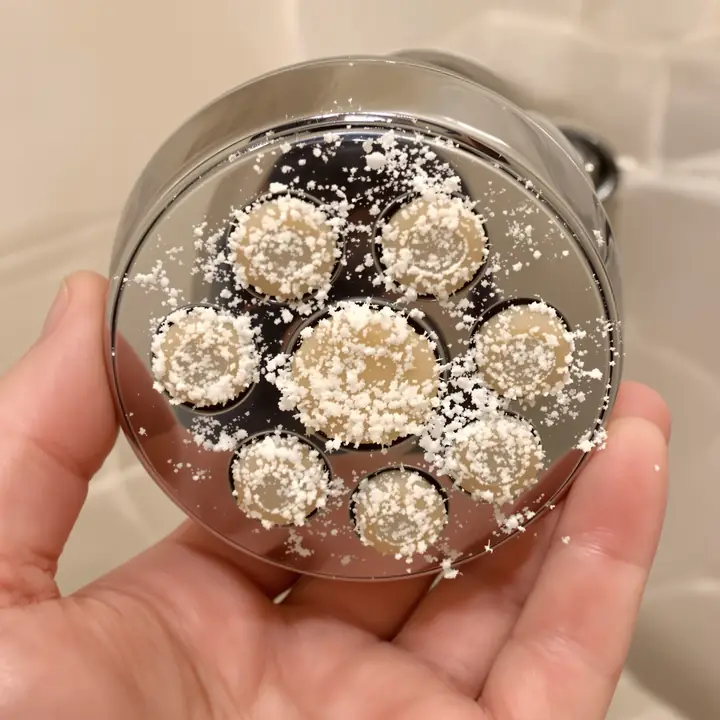 Shower head crusted with white hard water scale from a Chandler bathroom