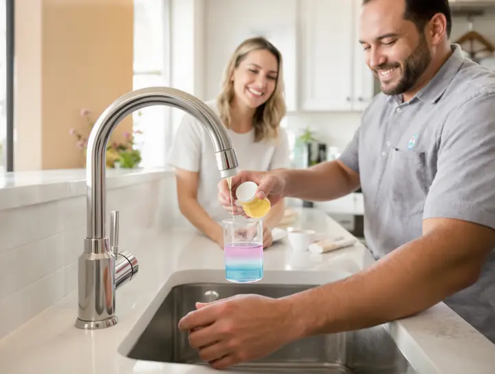 Hardness test at a kitchen sink turning from pink to blue