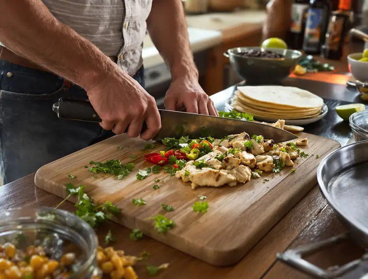 Chopping chicken, peppers and cilantro in a home kitchen