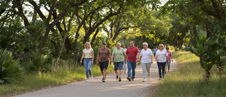 Patients and a nurse on a Saturday morning walk under ebony trees