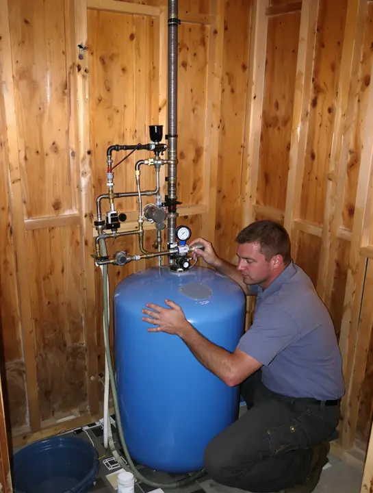 Checking the air charge on a pressure tank in a wooden well house