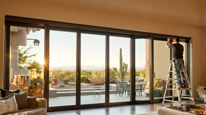 Bifold glass wall folded open to a patio in Las Campanas