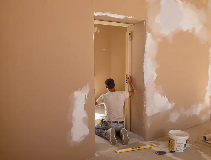 Installer shimming a door frame inside a thick adobe opening