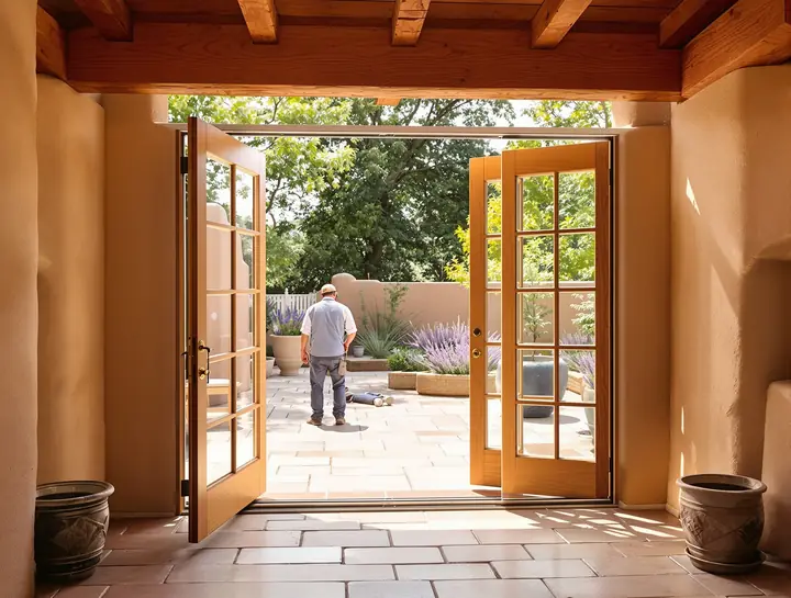 French doors opening onto a flagstone courtyard in Tesuque