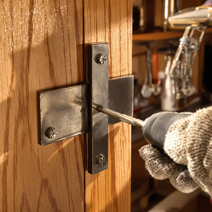 Hand forged iron strap hinge being set on an alder door