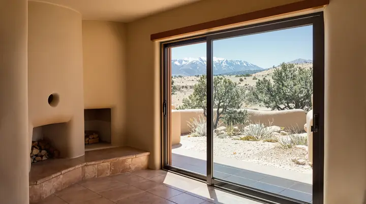 New sliding patio door looking out at the Sangre de Cristo range from Eldorado