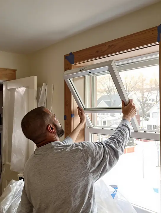Installer tilting a new double hung sash in an upstairs bedroom in Middleton